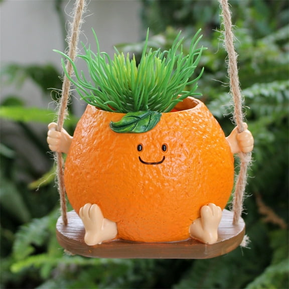 Orange Shape Succulent Planter, Cute Hanging Swing Flower Pot,Whimsical Fairy Planter Pot with Drainage Hole for Easy Planting, Resin Orange Flower Pots for Outdoor Indoor Plants,Gift for Mom