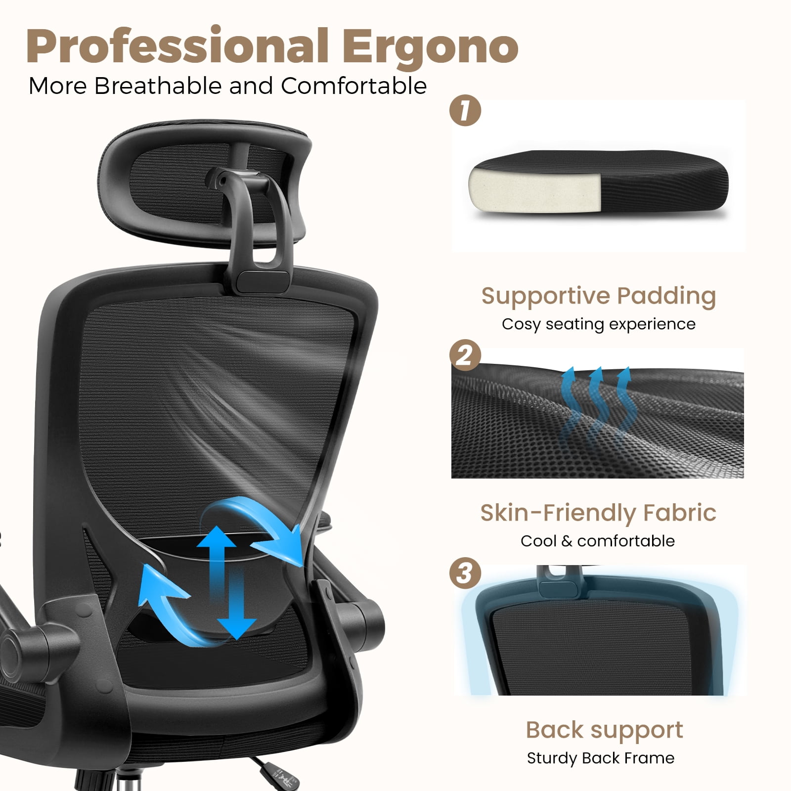 COOLHUT Office Chair Ergonomic Desk Chair, High Back Office Chair with Headrest, Big and Tall Comfy Home Office Desk Chair Lumbar Support Breathable Mesh Office Chair, Black