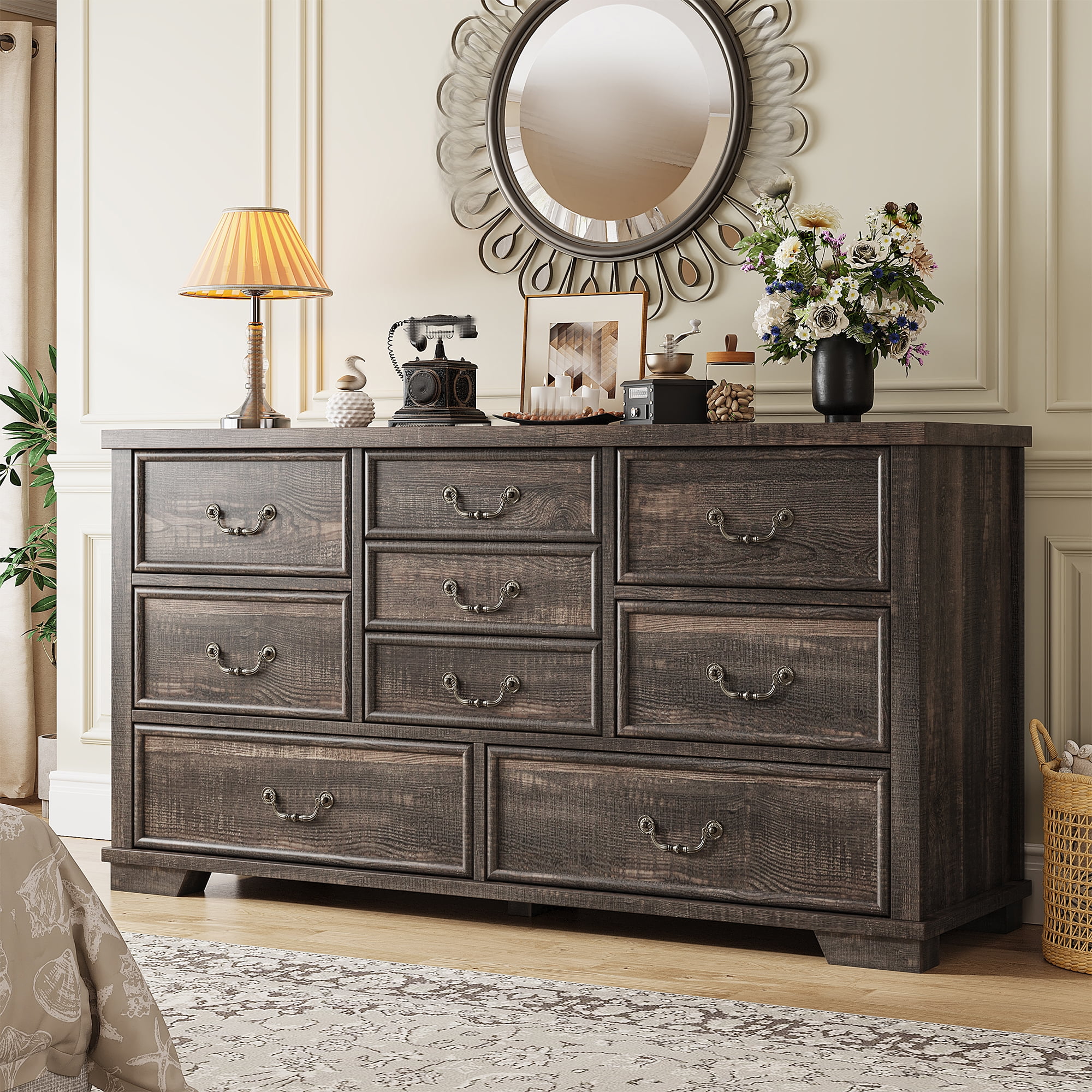 EnHomee 9 Drawers Dressers for Bedroom Wood Dresser&Chest of Drawers,Dark Rustic Oak