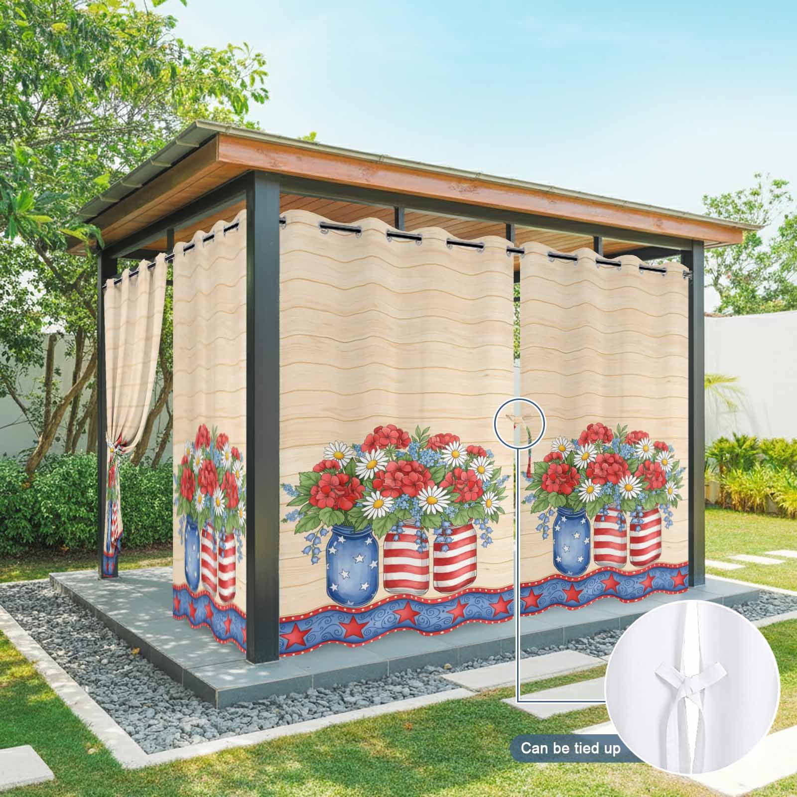 Independence Day Outdoor Curtains for Patio, Red Blue Floral Vase Star Heart Wood Grain Sunshade Privacy Drapes Grommet Waterproof Outside Curtains for Porch/Cabana/Balcony 54"x 108", 1 Panel