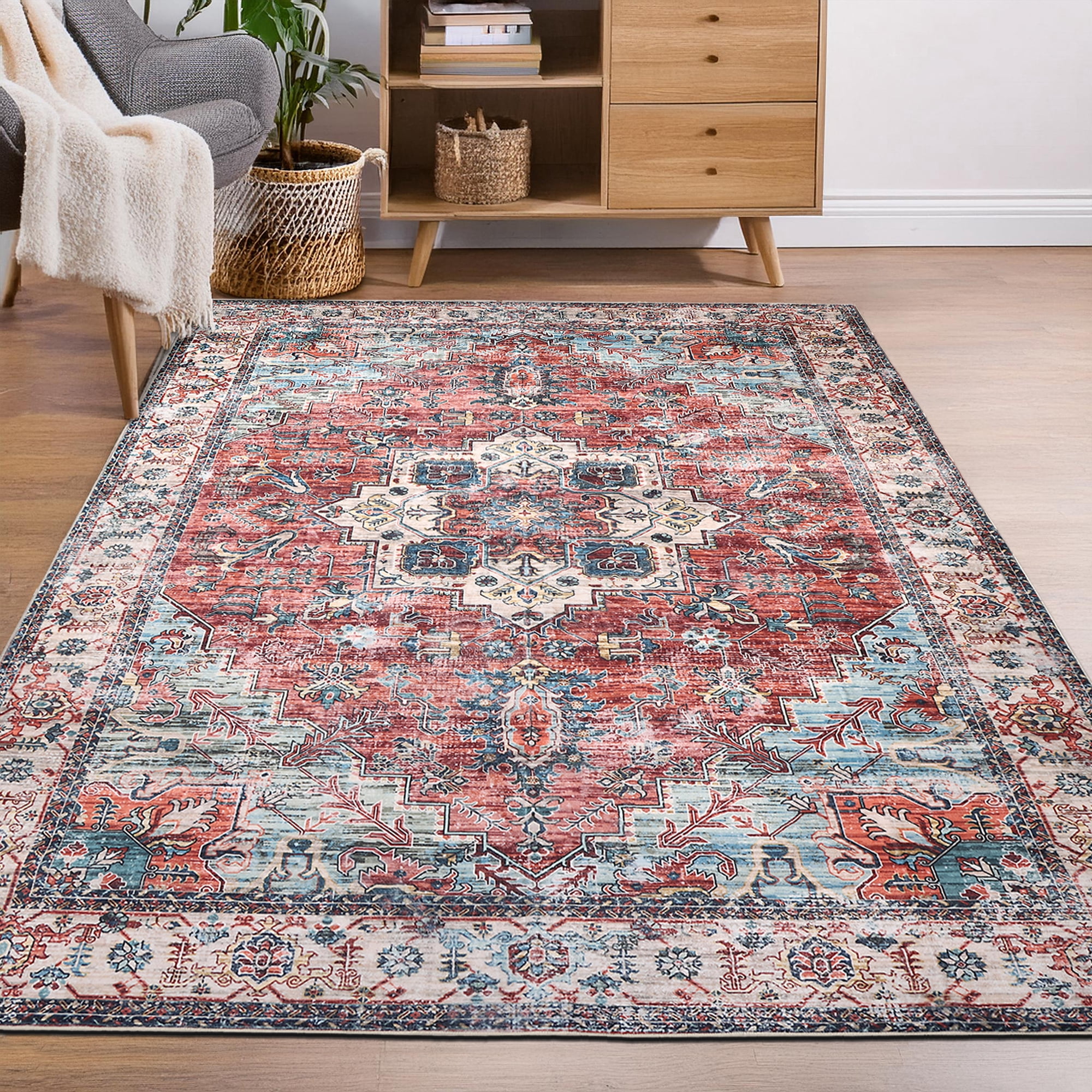 Delara 5'x7' Machine Washable Area Rug, Soft & Durable, Non-Slip, Stain Resistant, Persian Sunset, for Bedroom, Living & Dining Room