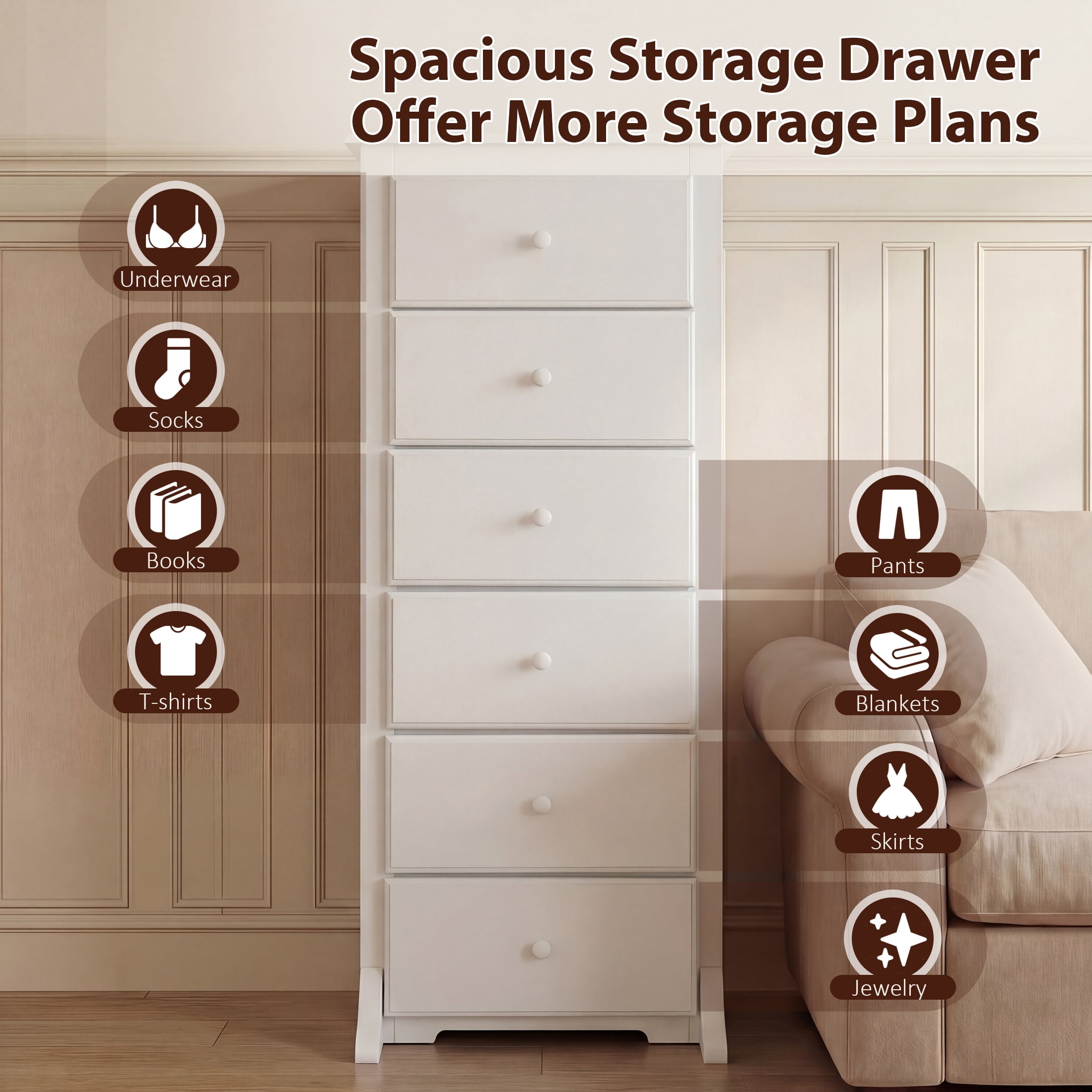 EDX 6 Drawer Wooden Dresser Chest for Bedroom, 19" x 23.25" x 52.75", Storage Cabinet for Living Room Closet, White