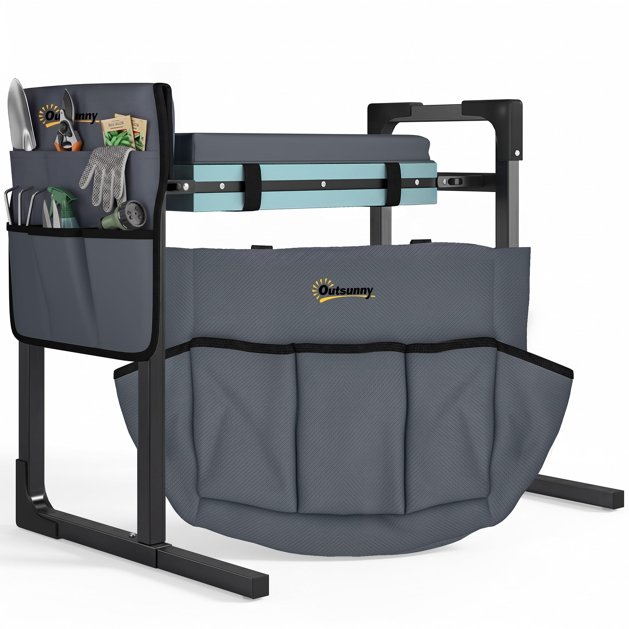 Outsunny Garden Kneeler and Seat, 330lbs Heavy Duty Foldable Gardening Stool with Thicker Soft Kneeling Pad, Extendable Steel Leg, Large Tool Pouch