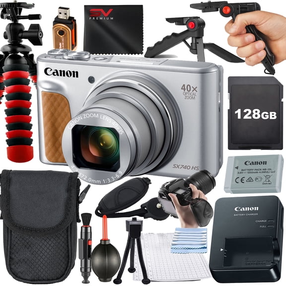 Canon PowerShot SX740 HS Digital Camera (Silver) with SanDisk 128GB Memory Card   Case   Tripod   SV Premium Accessory Bundle (International Version)