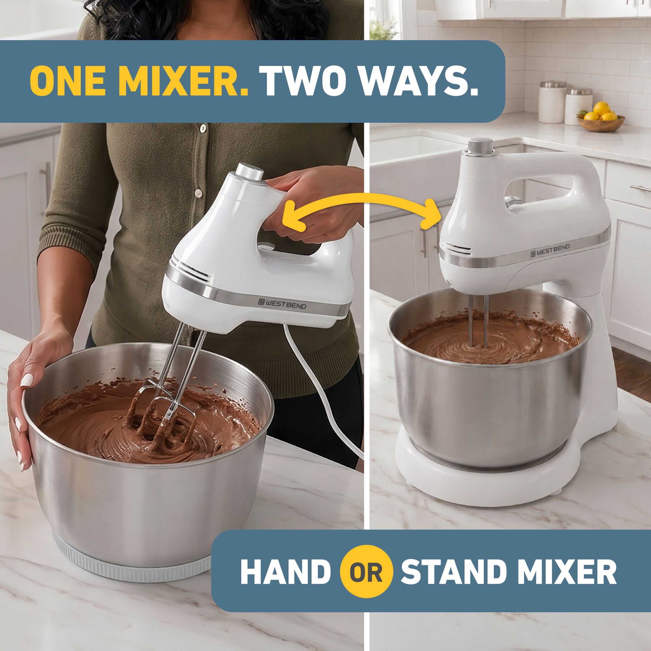 West Bend Two Sweet 2-in-1 Mixer, 4.4 Qt Capacity, Hands-Free Stand or Hand Mixer, 11 Speeds, Stainless Steel Bowl, in White (SMWB2N1WH13)