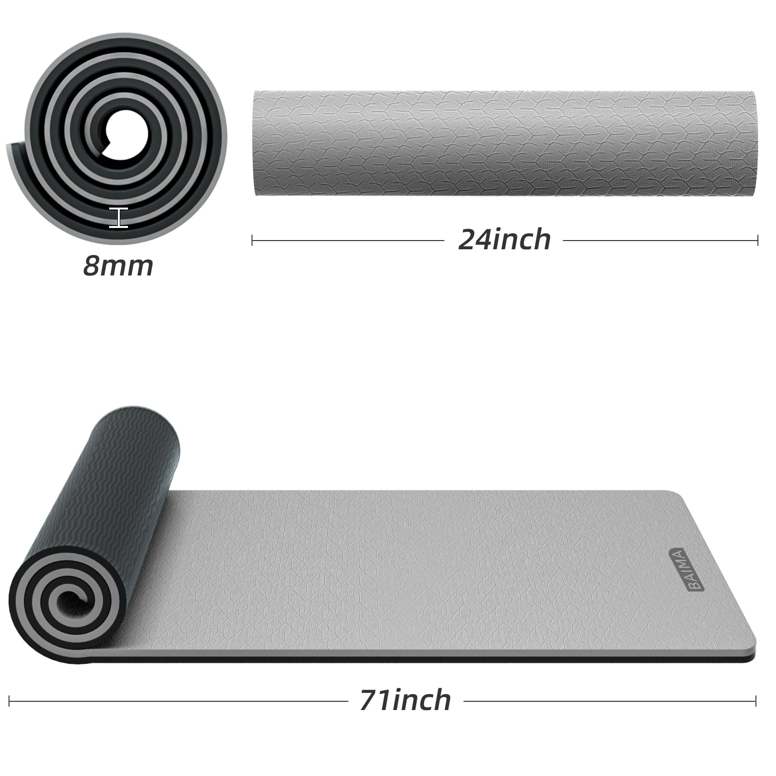 BAIMA Workout Mat Thick 8mm,Roll-up Pilates Mats Wide,Non Slip Matt,Eco Friendly TPE for Home,Gym,office,Floor Exercise,71"x 24"(Lightgrey+Black)
