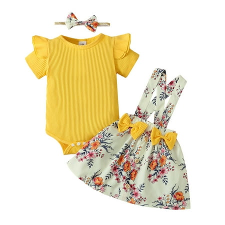 

Toddler Girls Outfits Holiday Outfits Short Sleeve Floral Printing Tops Vest Dress Headbands 3Pcs Casual Suit Fall Girls Clothings 0 Months-3 Months