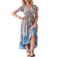 thumbnail image 3 of EIMELI Femmes Robe Boho Longue Manches Courtes V Cou Irrégulière Ourlet Cravate Robe Florale, 3 of 7