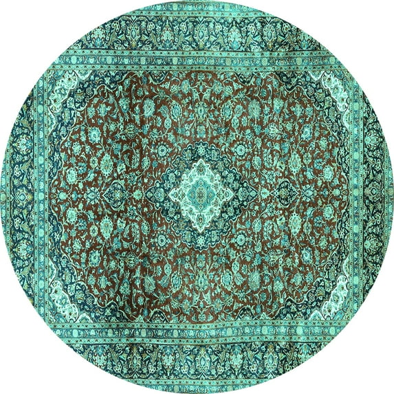 Ahgly Company Machine Washable Indoor Round Persian Turquoise Blue Traditional Area Rugs, 3' Round
