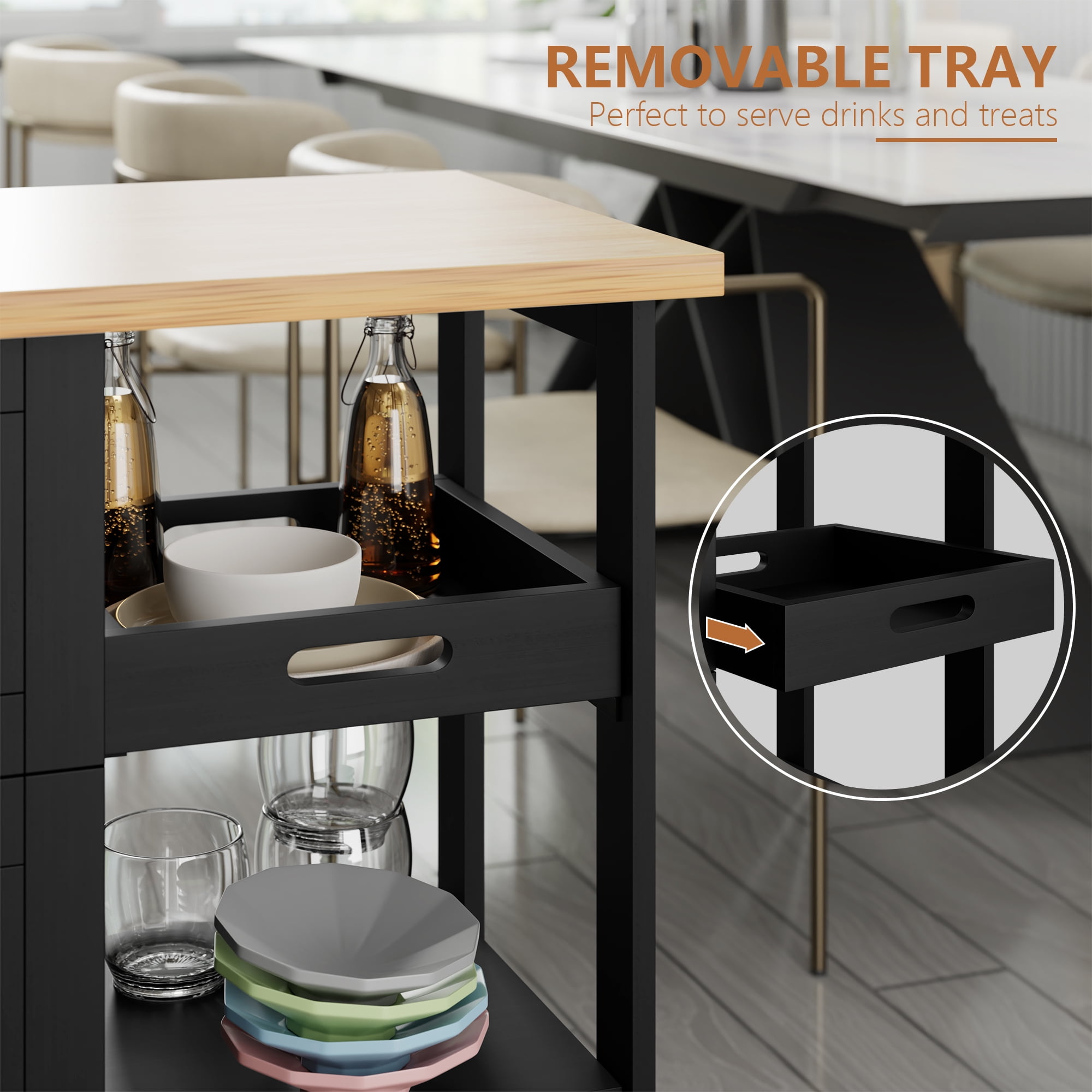 Walsunny Kitchen Island, Rolling Kitchen Storage Cart with 3 drawers 3 Level Open Wooden shelving Counter tops（Black）