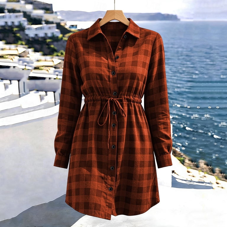 Sheghy Coat for Women formal Women's Solid Color Winter Long Sleeved Waist Drawstring Checkered Button Down Shirt Dress Orange XXL