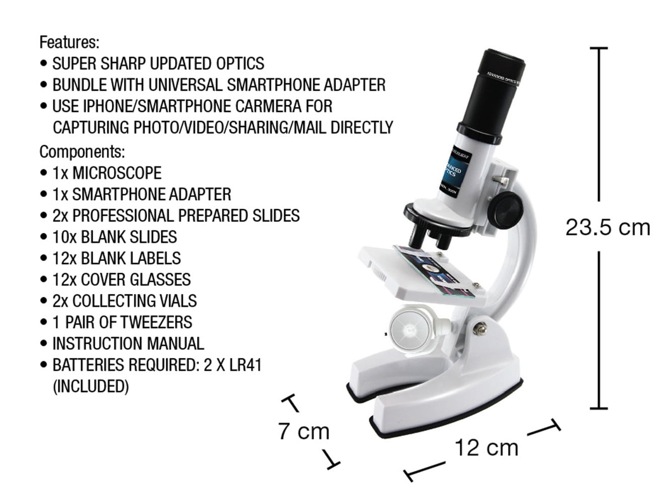 Smart Microscope Set Inc Smartphone Connector Slides Vials Tweezers 100/450/900x 