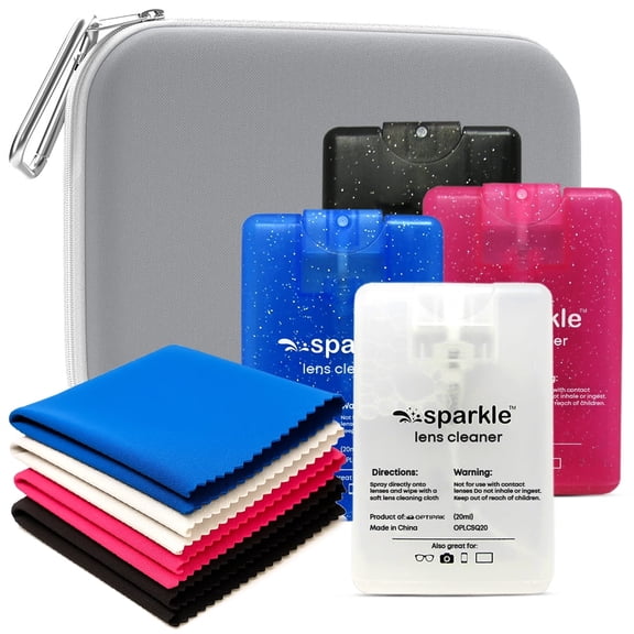 OPTIPAK Sparkle Anti-Reflective Safe Square Lens Cleaner Spray Kit – 4 (20ml) Glasses Cleaner Spray with Microfiber Cloths & Travel Pouch for Eyeglasses, Lenses & Camera Cleaning Kit (9 Piece Set)