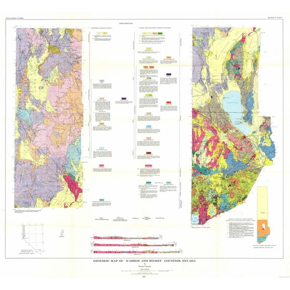 Historic Mine Map - Nevada Washoe Storey Counties Mines - Bonham 1969 - 25.07 x 23 - Vintage Wall Art