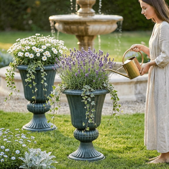 2-Pack 20" Urn Planters, Weatherproof Tall Plastic Flower Pots for Outdoor Plants, Garden, Patio, and Front Porch Entryway Decor