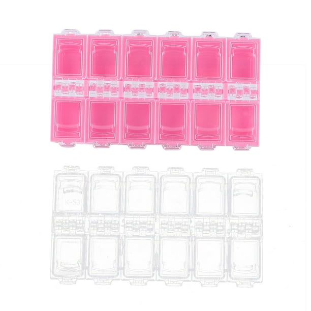 FELTECHELECTR Caja de almacenamiento de 2 piezas con 12 rejillas para uñas postizas, contenedor para suministros de decoración de uñas, para uso diario en el hogar (rosa + transparente)