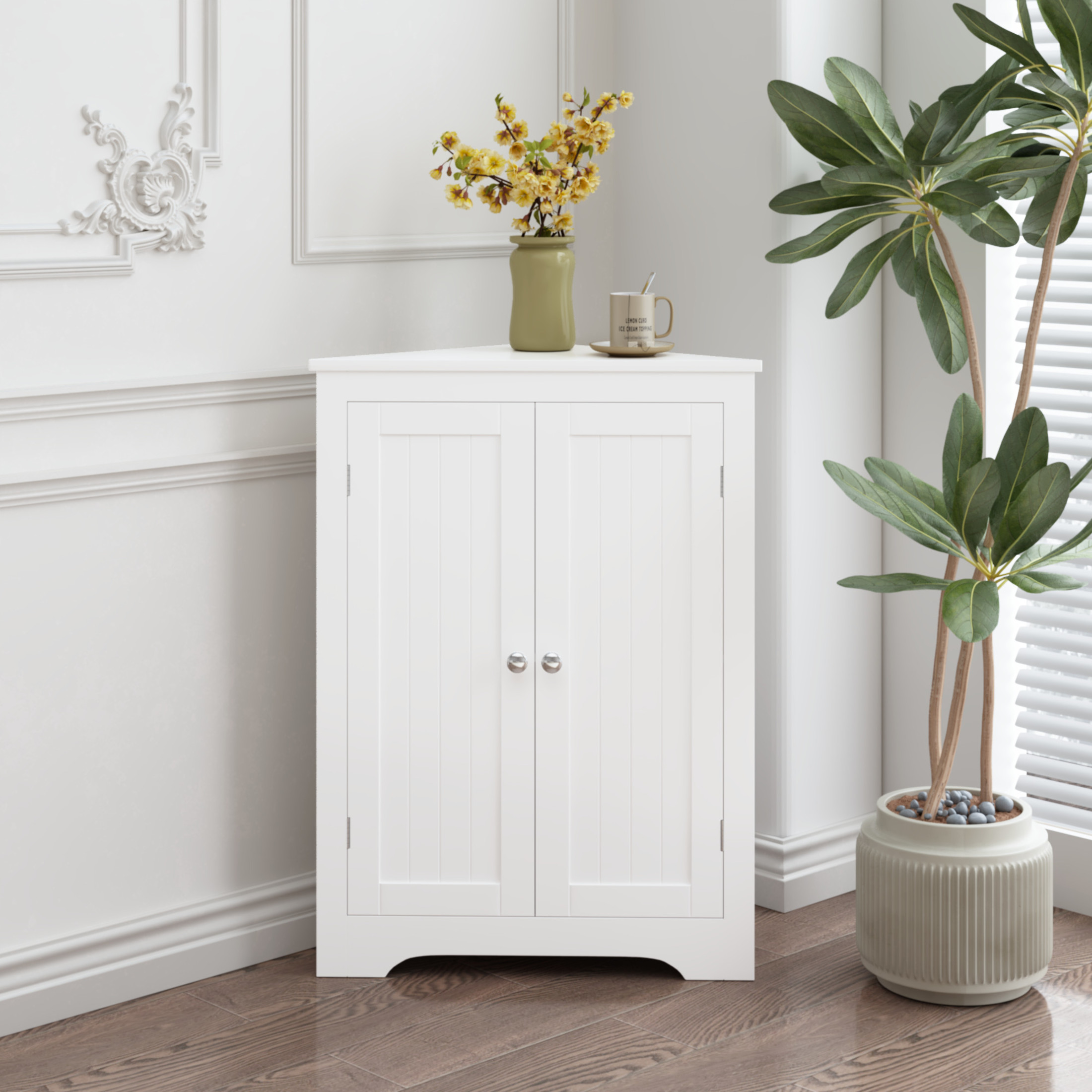 Noble House Dorris 23.6" Floor Corner Storage Cabinet with 2 Doors and Adjustable Shelf, Wooden Narrow Organizer, White
