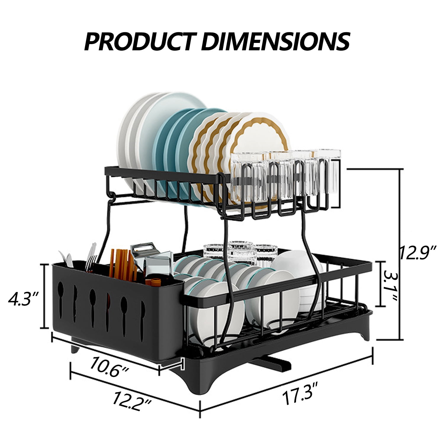 PHANCIR Dish Drying Rack for Kitchen, 2 Tier Stainless Steel Dish Racks Sink Organizer with Cutlery Holder, Space-Saving for Home, Black