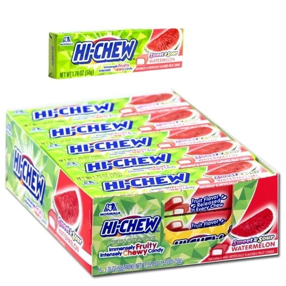 Hi-Chew Sweet & Sour Watermelon Chewy Candy Sticks – 15 Count Box, 1.76 oz Each
