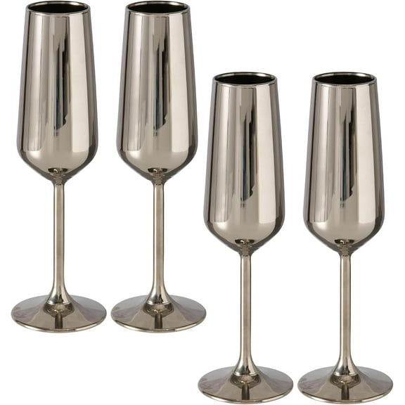 Modernist Home Long Stem Champagne Glasses, Set of 4, 7 Fl. Oz. Premium Lead-Free Glassware Set, Metallic Silver, (207 ml) Dishwasher Safe, Flutes