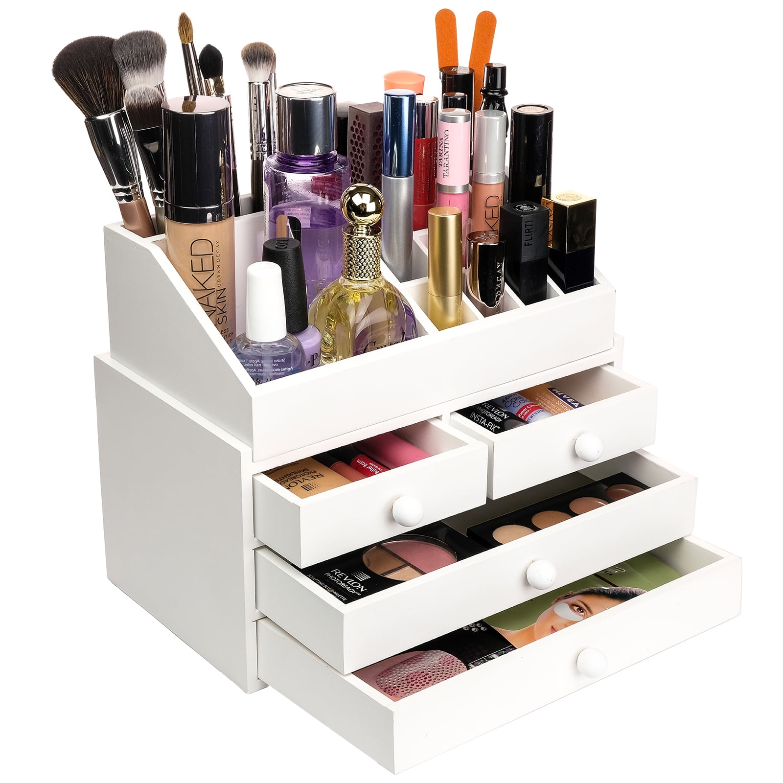 Excello Global Products 2-Piece Wooden Make Up Organizer  x  x 8  Inches - 4 Drawers; 16 Compartments (Gray) - EGP-HD-0375-B 