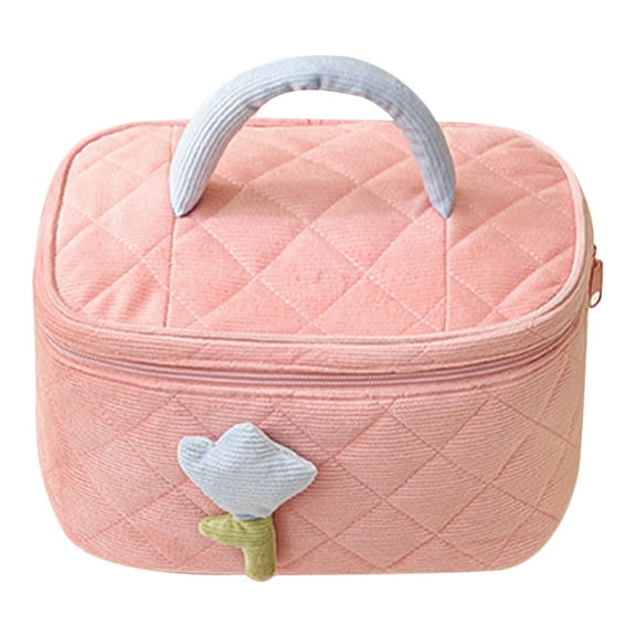 NIAIZEK Cute Pink Makeup Bag for Teens Corduroy Large Cosmetic Case for Travel and Everyday Use