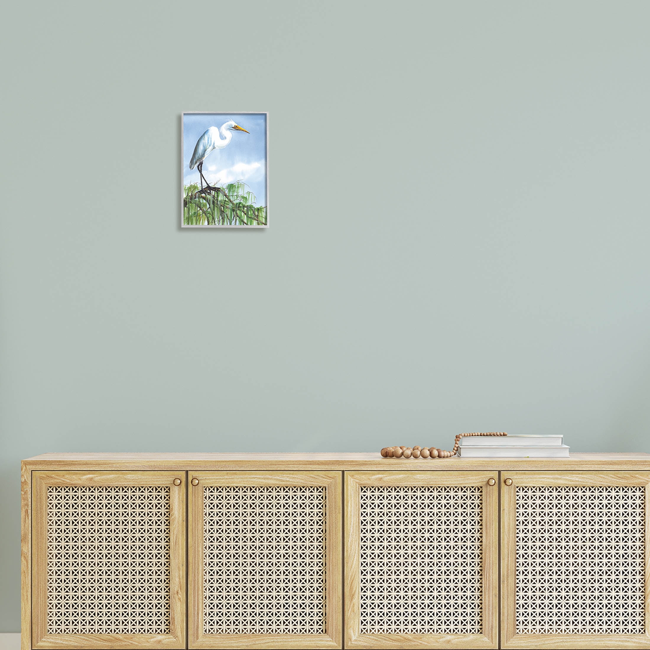 Egret Bird Balancing Branch Animals & Insects Painting Gray Framed Art Print Wall Art