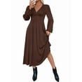 thumbnail image 3 of Pleated Satin Bridesmaid Dress V-Neck Long Sleeve Maxi Dresses for Women Brown M, 3 of 9