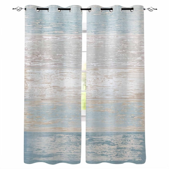 Blue Beige Farmhouse Blackout Curtains 72 Inches Long, Vintage Wooden Striped Thermal Insulated Black Out Curtains, Darkening Window Curtain Drapes for Bedroom Living Room 52"x72" 2 Panels