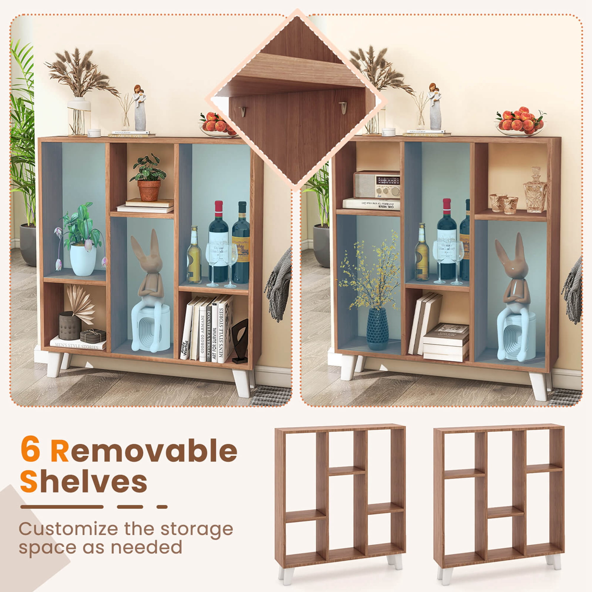 Costway 1 PCS 9-Cube Bookcase with 6 Removable Shelves Raised Support Feet for Living Room Brown
