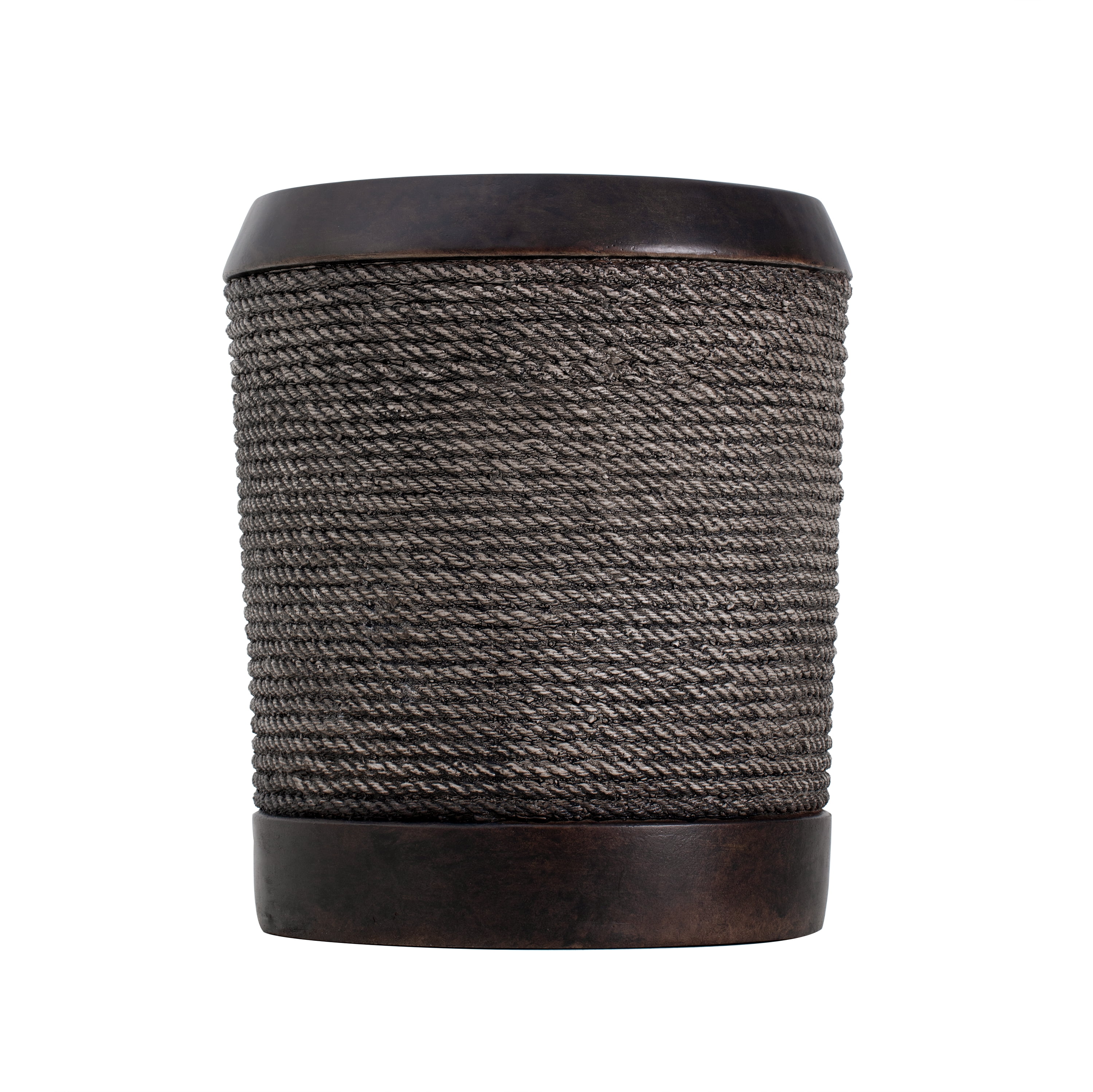 Outdoor Dark Brown Side Table with Simulated Braided Cord & Vintage Trim, Retro Cylindrical End Table for Indoor Home Patio Balcony Decor