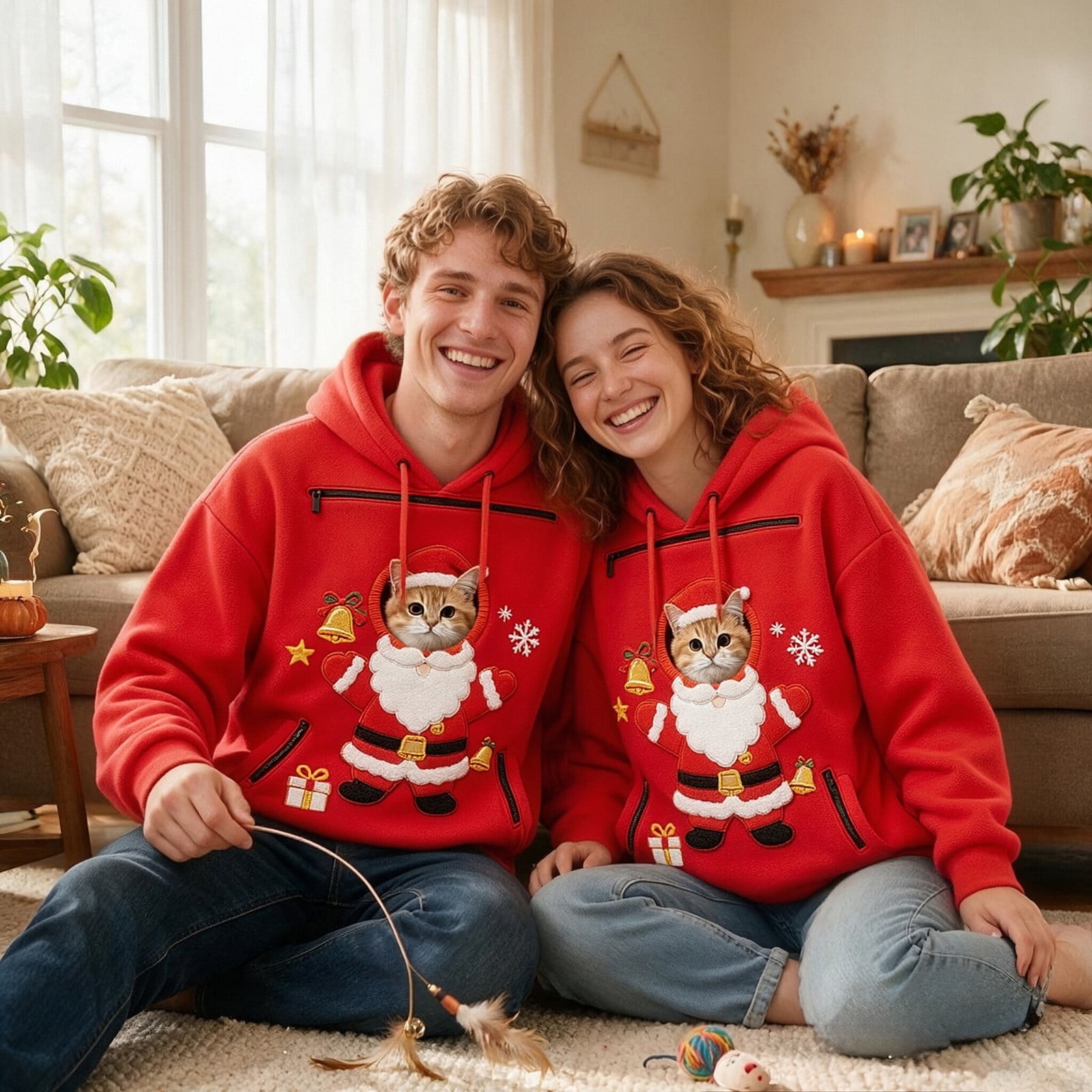 VOUZZA Unisex Christmas Pet Pouch Hoodie Santa Cat Long Sleeve Sweatshirt Pullover with Round Front Puppy Pocket for Small Dogs and Cats