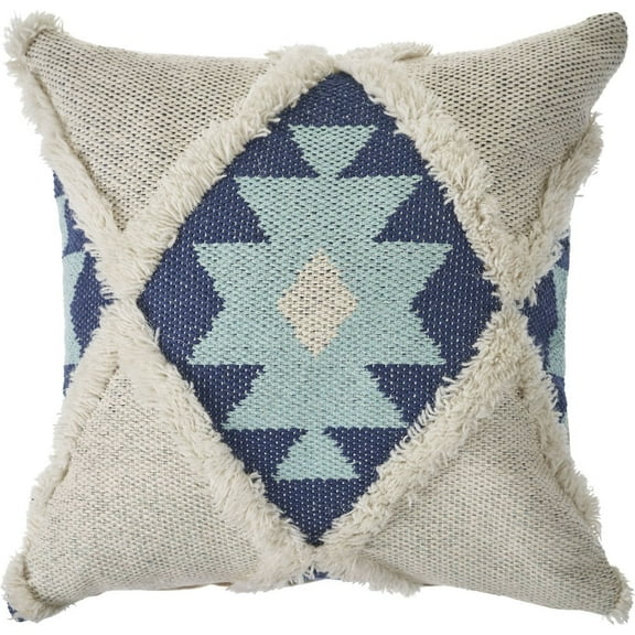 LR Home Ox Bay Hand-Woven Blue/White Tribal Cotton Blend Pillow Cover