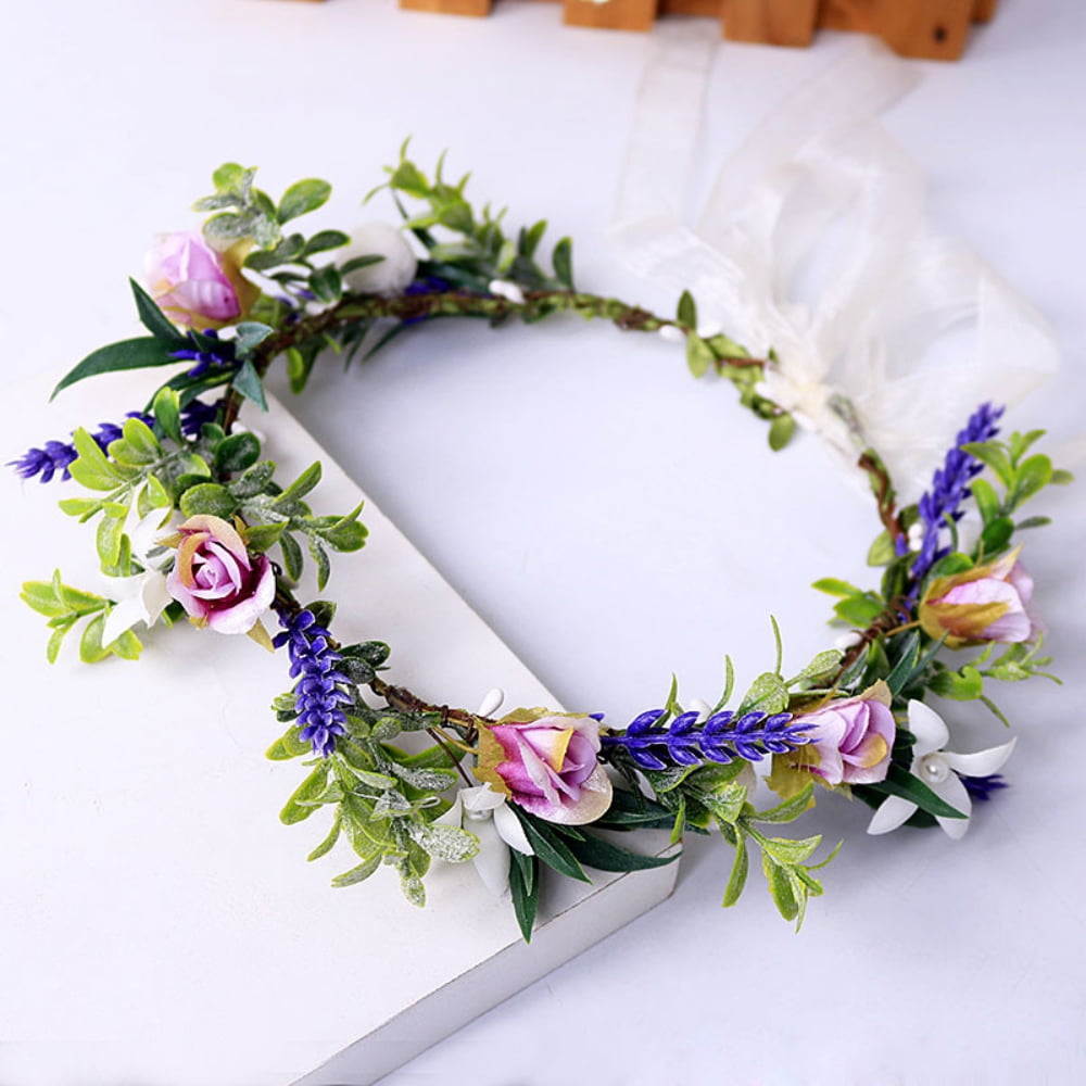 Boho Flower Crown Headband Floral Hair Garland Wreath Headpiece Purple+Beige 