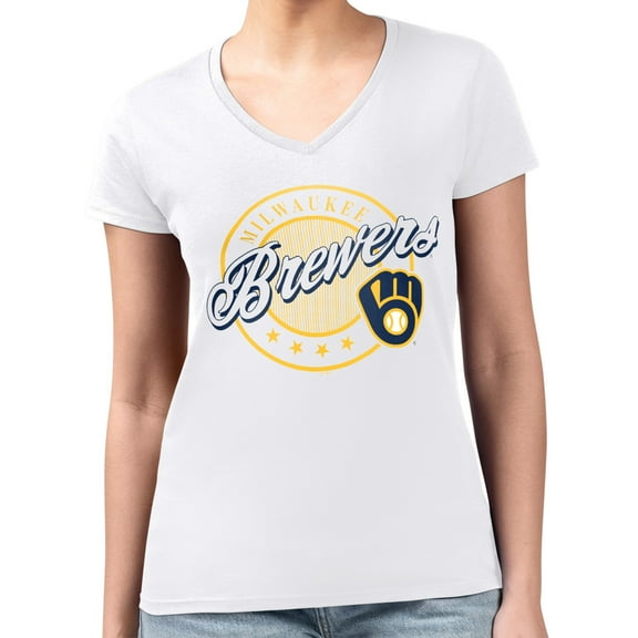 Women's G-III 4Her by Carl Banks White Milwaukee Brewers Super-Slim Fit Lightweight Pinstripe Circle V-Neck T-Shirt