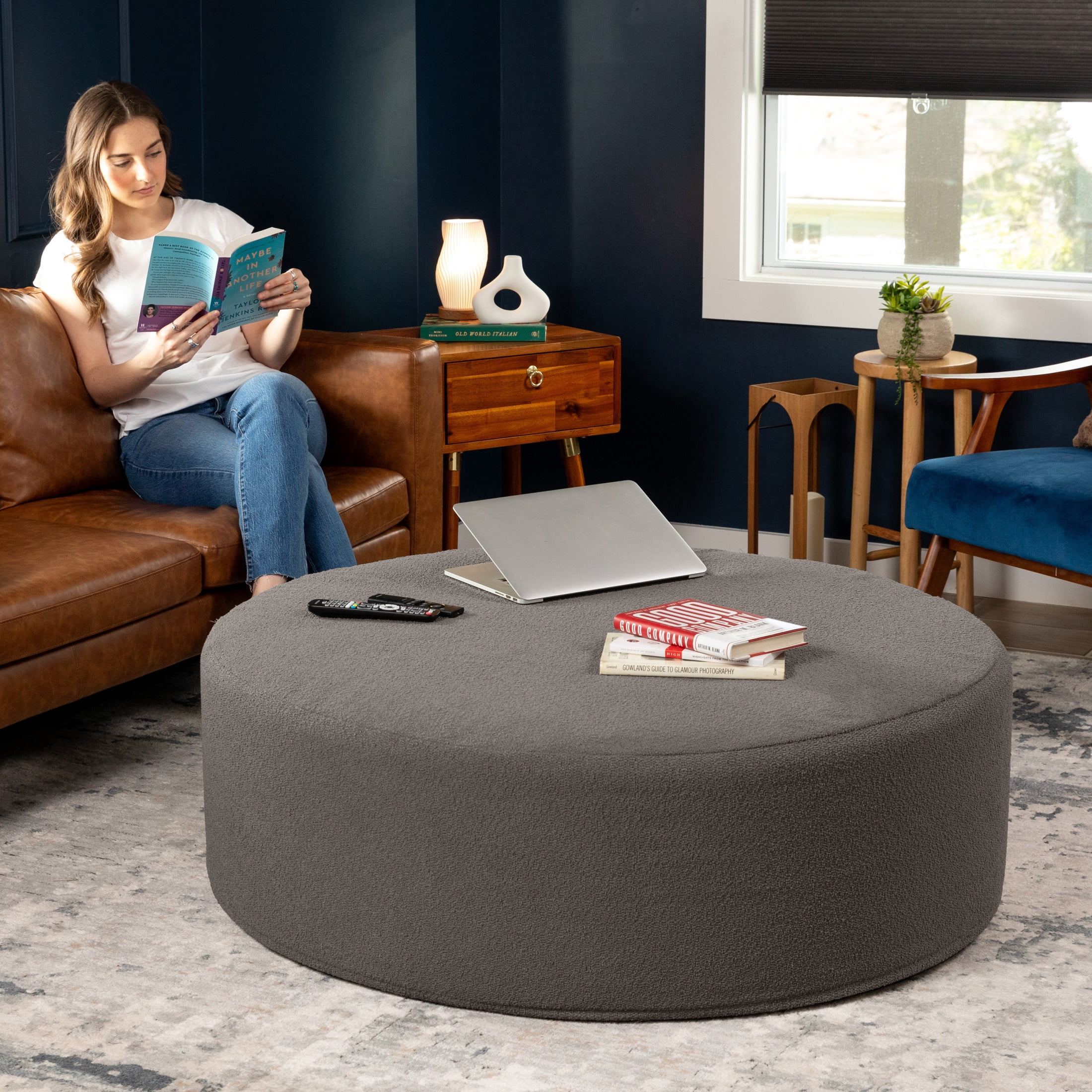 Jaxx Candler Round Coffee Table Ottoman, Oversized, 44-Inch, Boucle Dark Grey