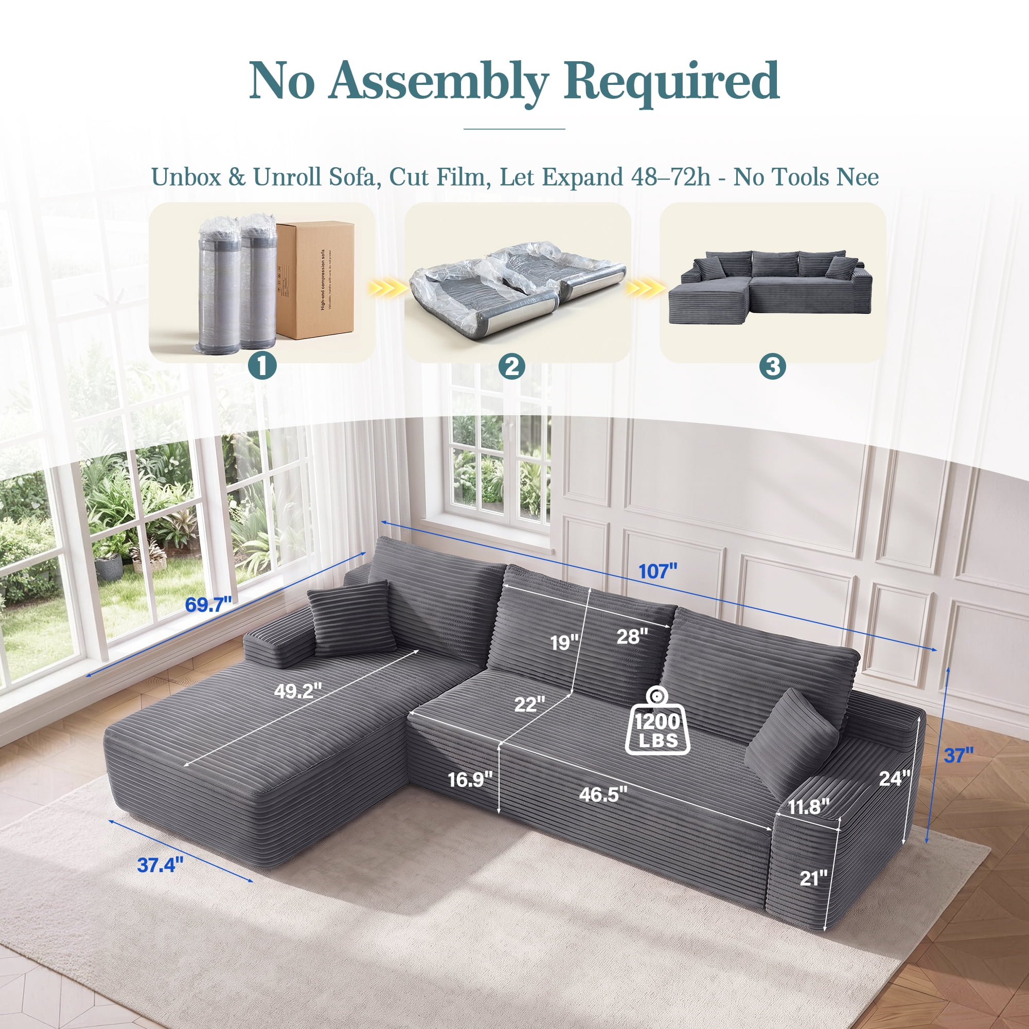 Aukfa 107" Boneless Modular Sectional Sofa, L-Shaped Corduroy Couch with Deep Seat and Left-Facing Chaise for Living Room, Gray