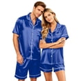 thumbnail image 2 of （Mens） Lightweight Summer Couple Satin Silk Button Down Short Sleeve Top Casual Shorts Matching His Hers Outfit Blue S, 2 of 7