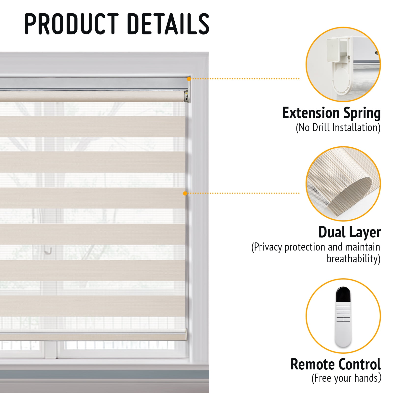 Keego No Drill No Tool Motorized Zebra Shades Blinds Remote Control Dual Layer Roller Shades Blackout Window Treatment - Apricot, 32"W x 56"H