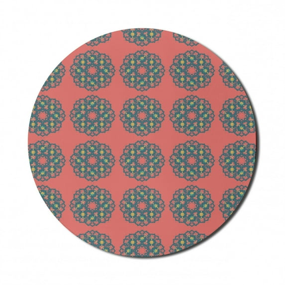Geometric Mouse Pad for Computers, Floral Themed Illustration in Retro Design, Round Non-Slip Thick Rubber Modern Gaming Mousepad, 8" Round, Salmon Dark Teal, by Ambesonne