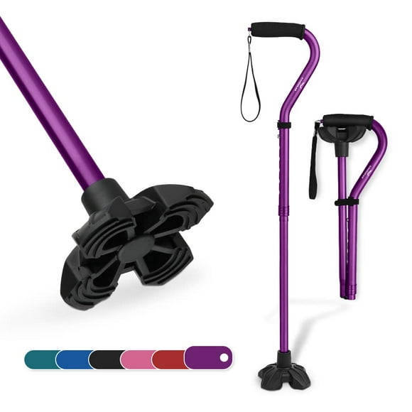KINGGEAR Walking Cane for Women and Men, Lightweight and Sturdy Offset Walking Stick , Large Quad Base Canes for Seniors, Walking Crutches for People with Leg Injuries (Purple)