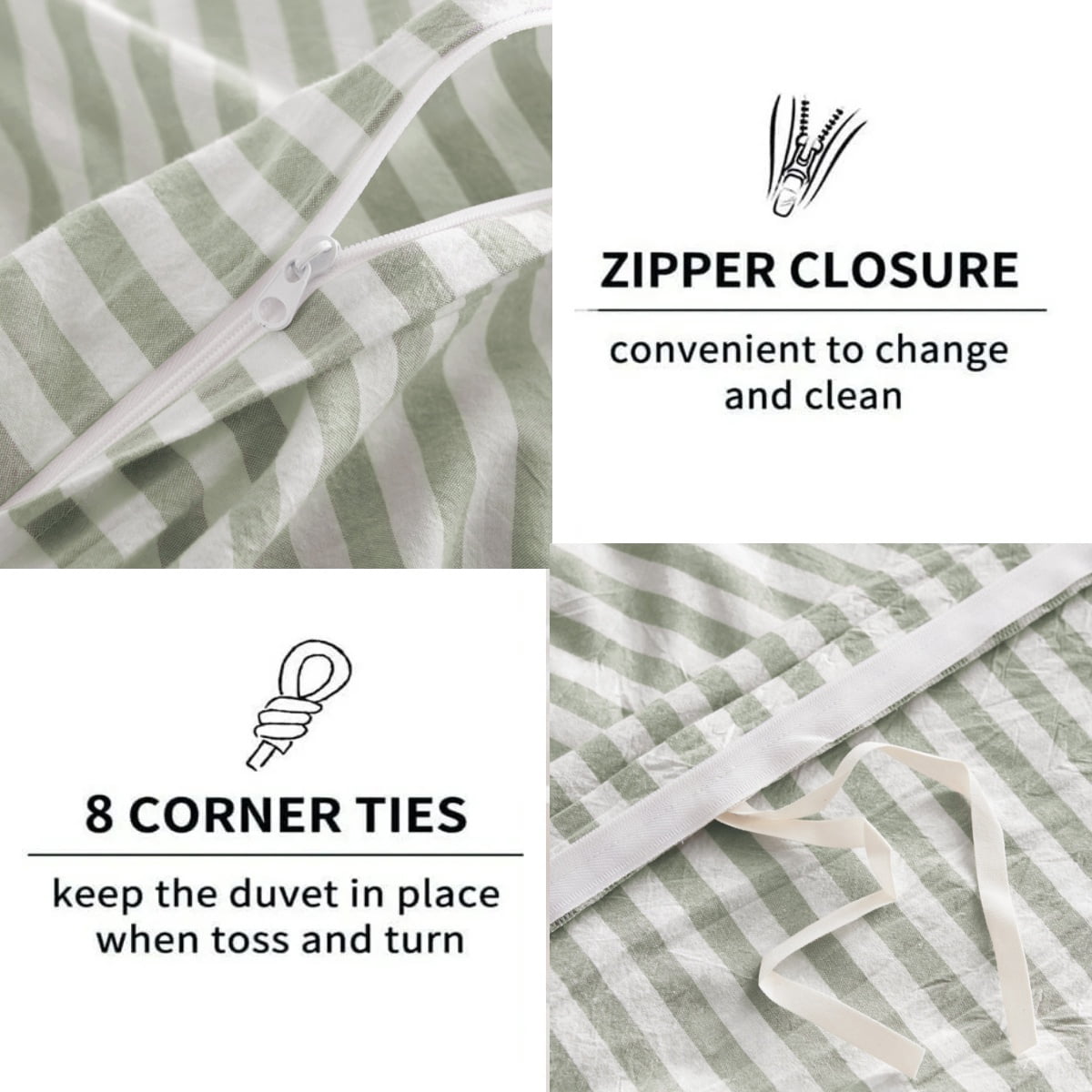JOLUSERE 100% Organic Cotton Striped Duvet Cover King Set, 3-Piece Linen Like Textured Breathable Bedding Cover(Sage Green& White Classic Stripes)