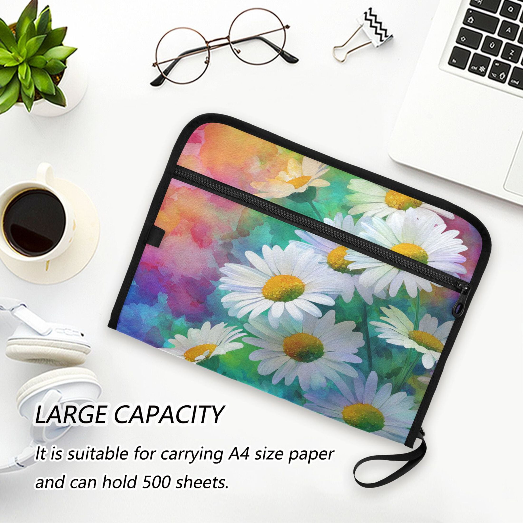 Accordion File Organizer with Zip Closure 13 Pockets Expanding File Folder Letter A4 Paper Document Organizer for Home Office Watercolor Daisies Pattern