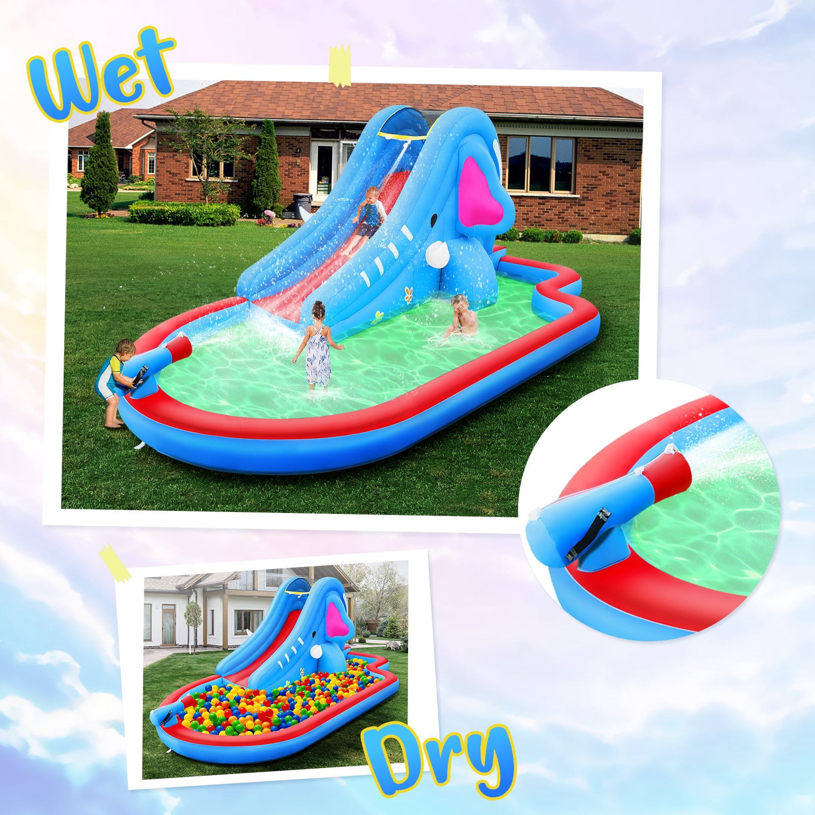 Inflatable Water Slide Bounce House Splash Pool, Water Slide Castle Outdoor Backyard Playhouse for Little Kids