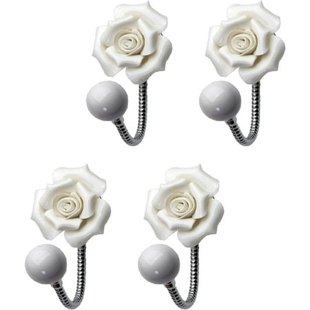 

White Flower Ceramic Wall Coat Hook，4pcs 3D Rose-Shaped Chrome Decorative Robe Hook Decorative Flower Wall Mounted Hooks for Hanging Scarf Bag Towel Hat