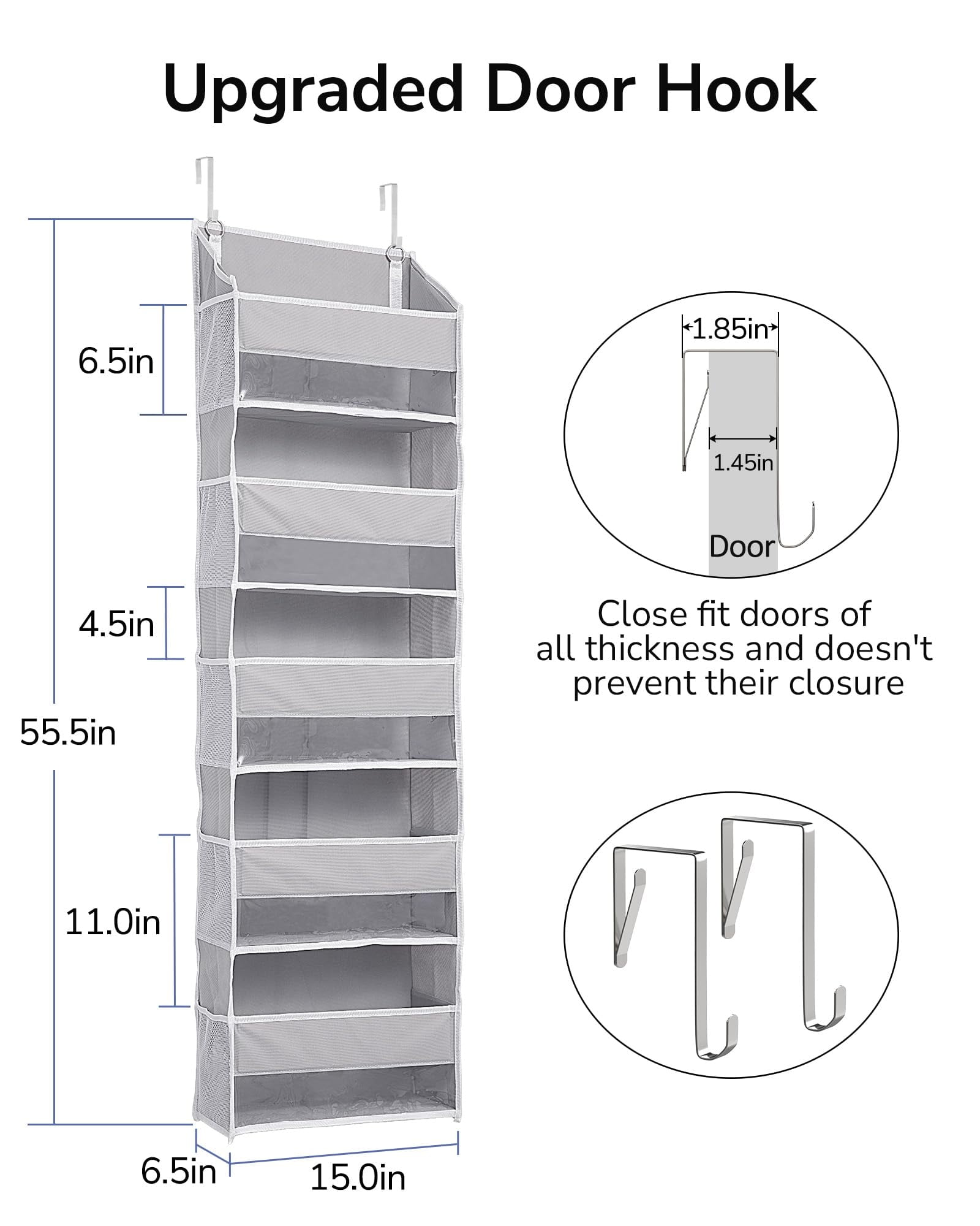 ULG 5 Tier over Door Organizer No Tilting Fabric Hanging Closet 44lb with  10 Mesh Side Pockets Foldable Hanging Storage Organizer