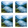 thumbnail image 1 of Nature Coaster Set of 4, Landscape Photography with Wooden Cabins Clear River and Mountains Norway Europe, Square Hardboard Gloss Coasters, Standard Size, Blue Green, by Ambesonne, 1 of 2