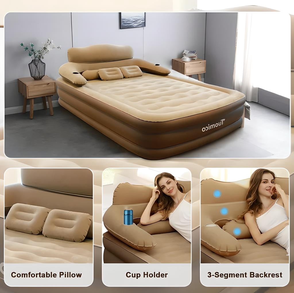 LIXI 18.9in Queen Air Mattress with Headboard &Pump ,  Inflatable Mattress Airbed for Home & Camping & Travel (Brown)