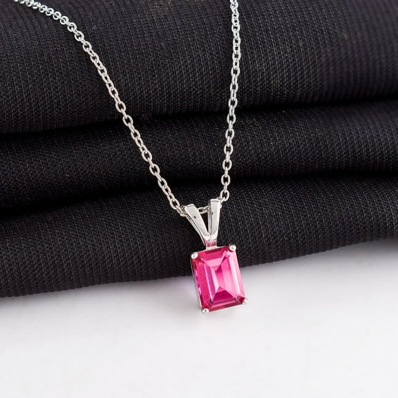 QNAVIC Mystic Pink Topaz Crystal Step Cut Dainty 4-Prong Pendant Necklace For Women, Chakra Healing Stones, Birthstone Jewelry, Rhodium Plated 925 Sterling Silver Chain 18 inch, Wedding Gift