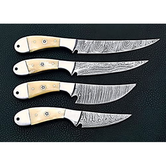 4 pieces meat slicing knife set, 40 inches long hand forged twist pattern Damascus steel blade, Natural Camel bone scale with steel bolsters, includes leather travel bag